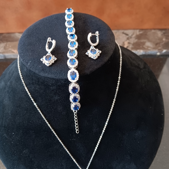 16" sterling silver and blue necklace, bracelet & earring set - Picture 2 of 2